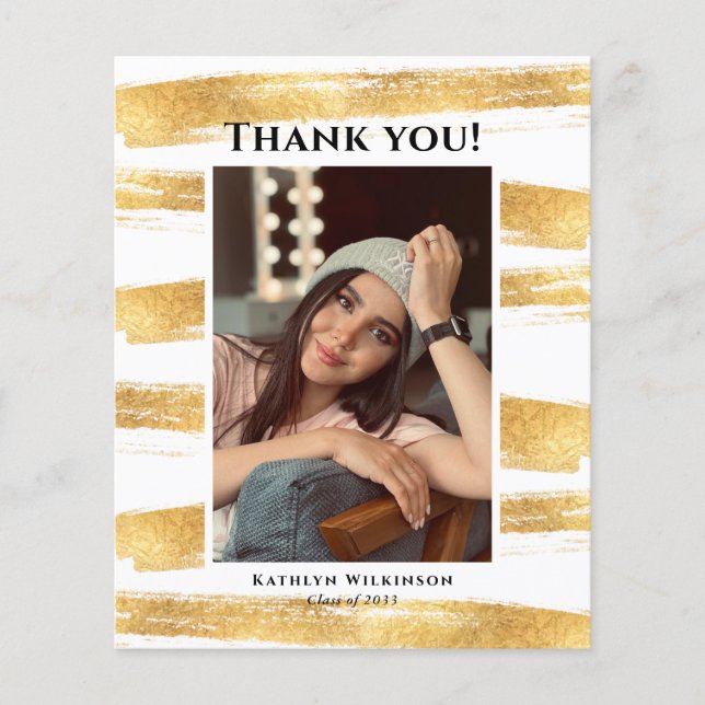 BUDGET Gold Watercolor Brush Photo Grad Thank You Flyer (Front)
