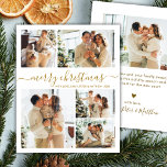Budget Gold white 5 Photo Collage Christmas Card<br><div class="desc">Budget Modern Elegant Calligraphy Gold and White 5 Photo Collage Merry Christmas Holiday Card. Share festive cheer with this budget-friendly, modern holiday card featuring a stylish gold and white theme. The front showcases a clean 5-photo collage layout paired with a beautiful hand-lettered “Merry Christmas” script in whimsical swirly faux gold...</div>