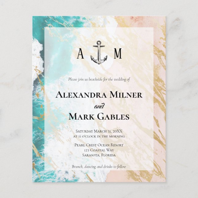 Budget Golden Beach Anchor Wedding Invitation (Front)