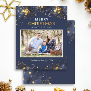 Budget Golden Blue Merry Christmas Photo Card