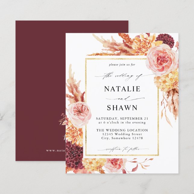 Budget Golden Burgundy Blush Pink Floral Wedding B (Front/Back)