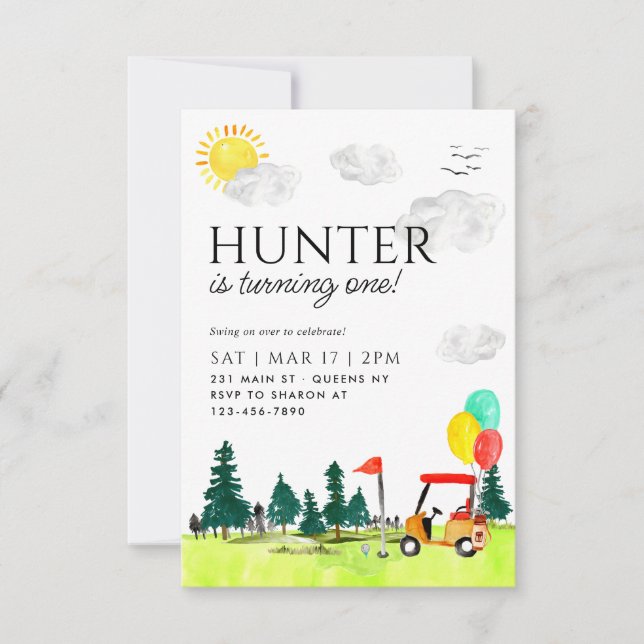 Budget Golf Cart Country Club Balloon Kid Birthday Card (Front)