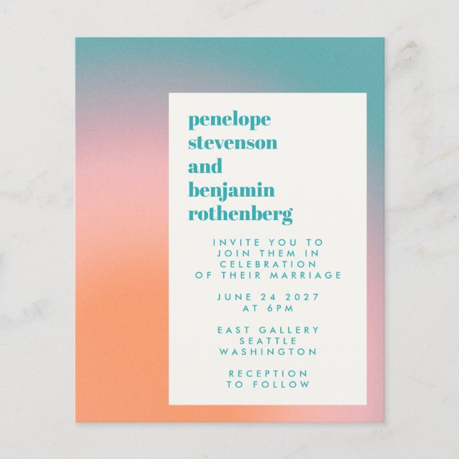 Budget Gradient Teal Pink Abstract Wedding Invite (Front)
