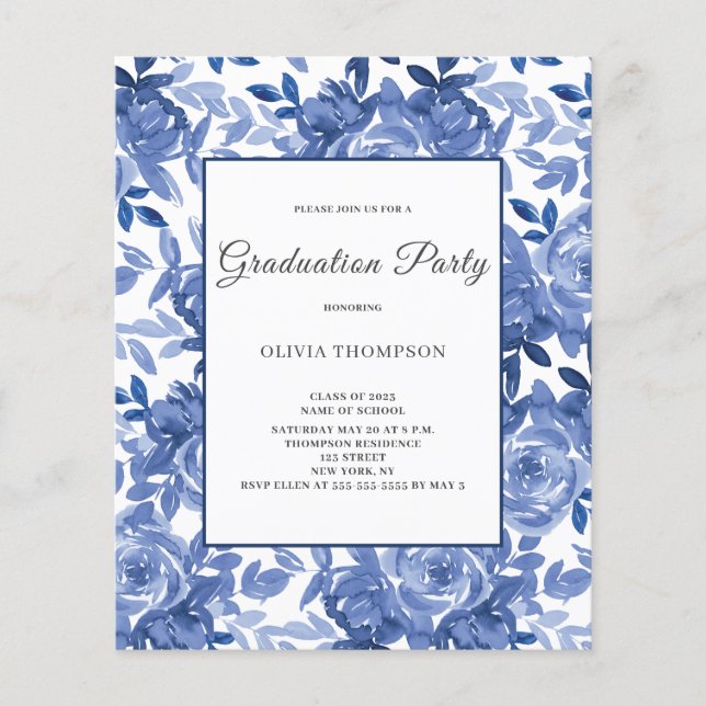 Budget Graduation Blue Floral Party Invitation  Flyer (Front)