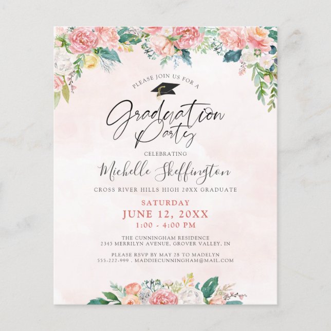 Budget Graduation Elegant Floral Script Invitation (Front)