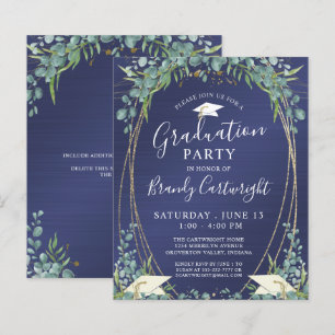 Budget Graduation Navy Blue Botanical Invitation