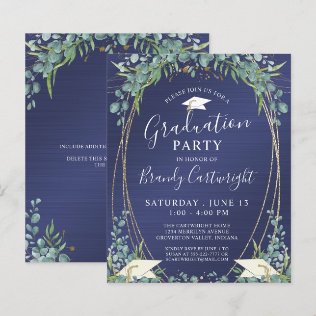 Budget Graduation Navy Blue Botanical Invitation (Front/Back)