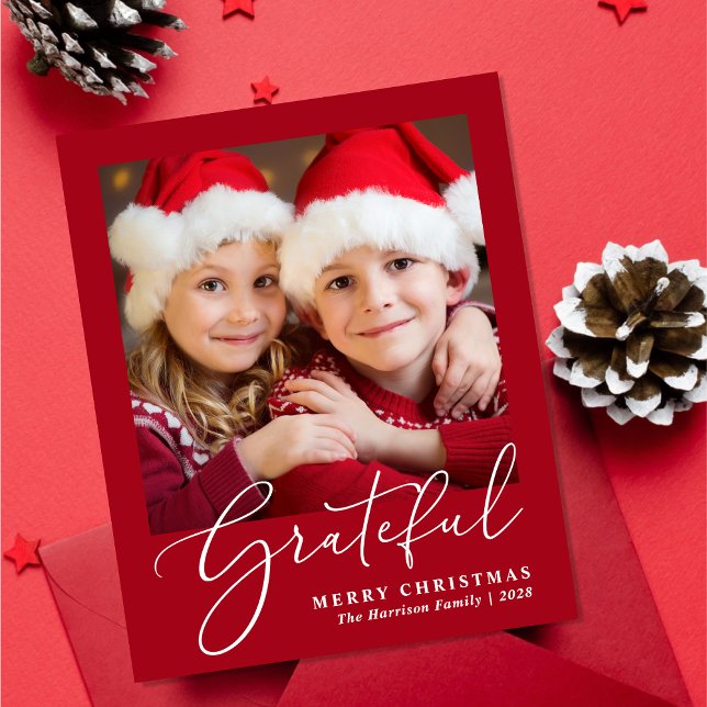 Budget Grateful Photo Red Christmas Holiday Card (Share the love and warmth of the holiday season with this personalized photo Christmas card)