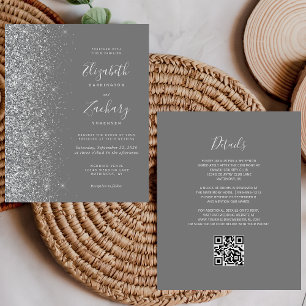 Budget Gray Silver Glitter QR Code Wedding Invite