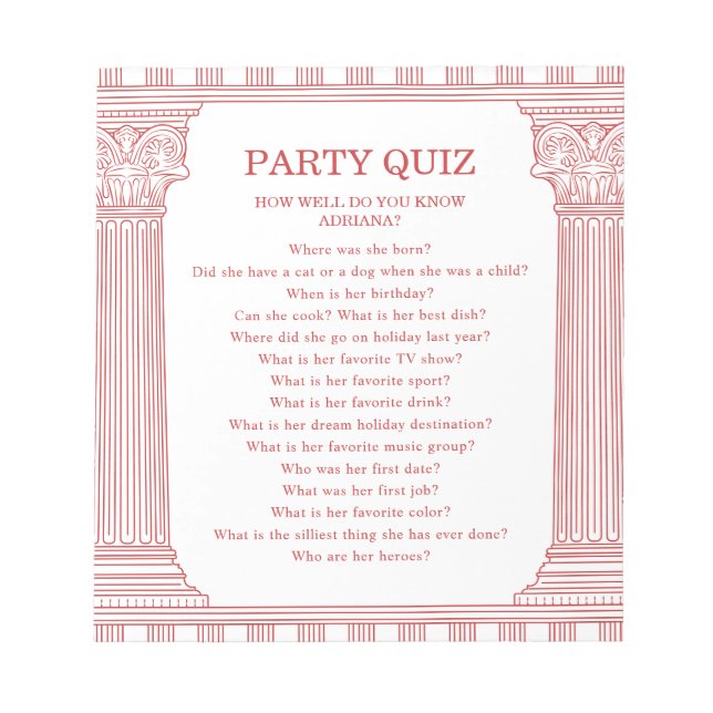 Budget Greek Party Quiz Notepad (Front)