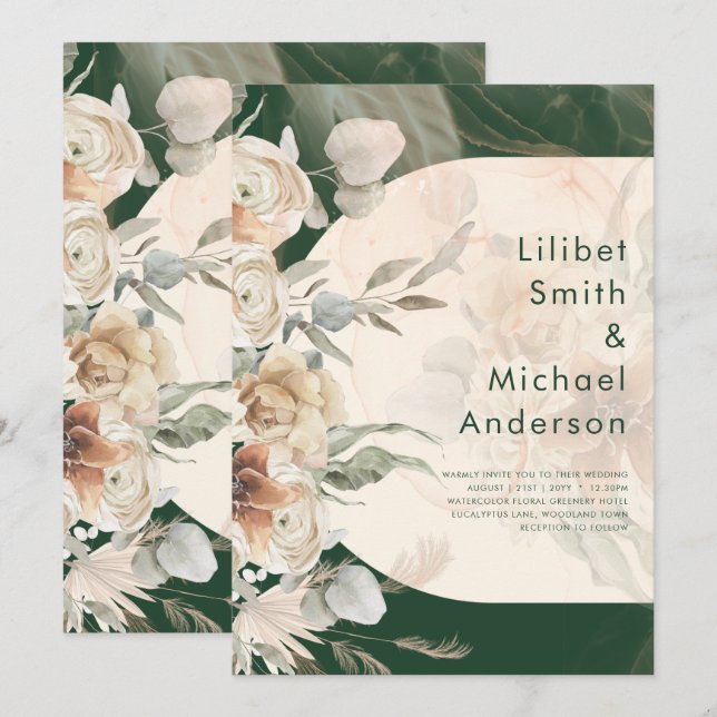 BUDGET Green BOHO Terracotta Floral Wedding Invitation (Front/Back)