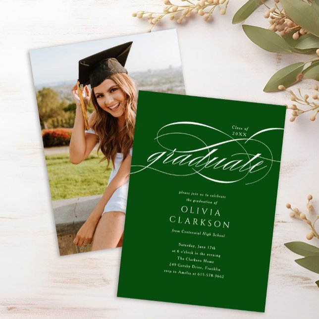 Budget Green Elegant Script Photo Graduation Party Invitation (Creator Uploaded)