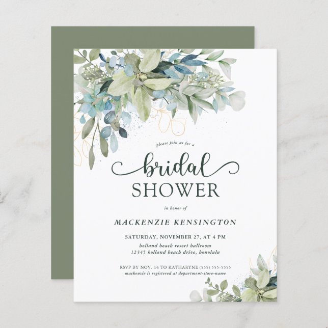 BUDGET Green Eucalyptus Bridal Shower Invitation (Front/Back)