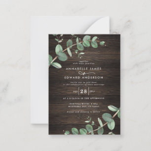 budget green eucalyptus  dark wood rustic invite