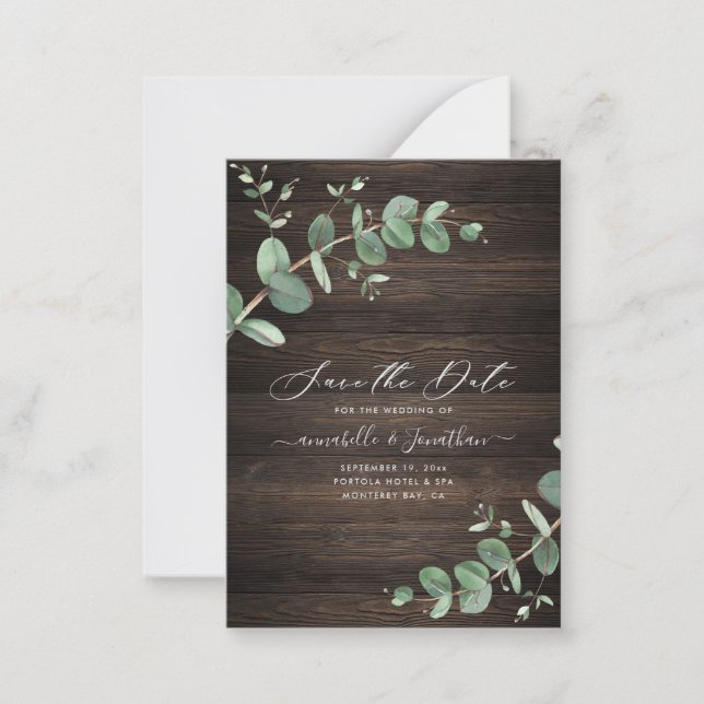budget green Eucalyptus foliage rustic dark wood Card (Front)
