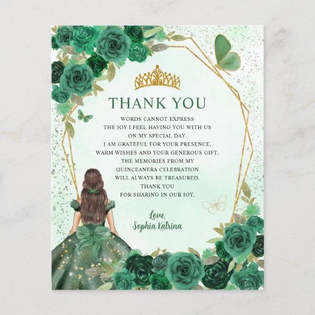 Budget Green Floral Princess Quinceañera Thank You (Front)