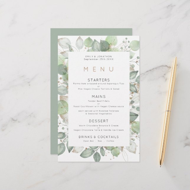 Budget Green Foliage Frame Wedding Menu (Front/Back In Situ)