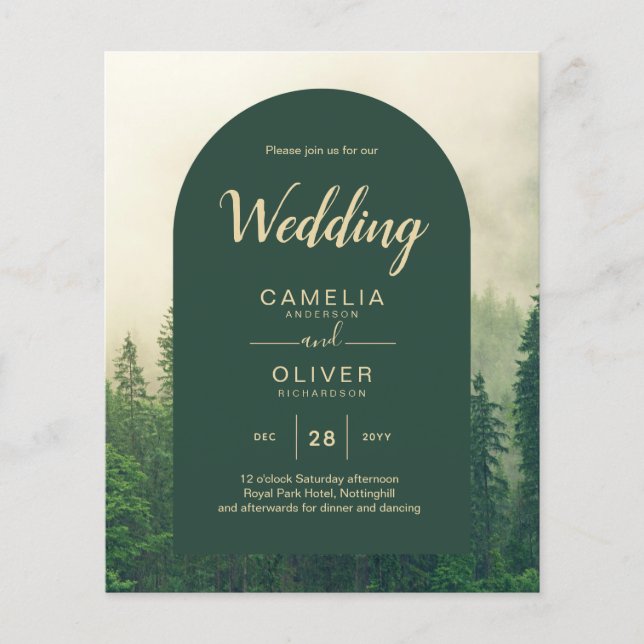 BUDGET Green Forest mountain Pine Trees Wedding Flyer (Front)