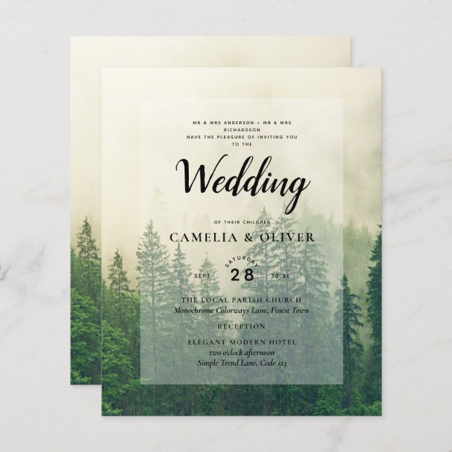 BUDGET Green Forest Pine Trees Wedding INVITE (Front/Back)