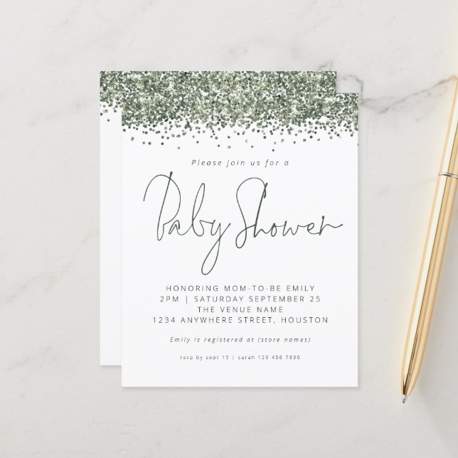 Budget Green Glitter Baby Shower Invitation (Front/Back In Situ)