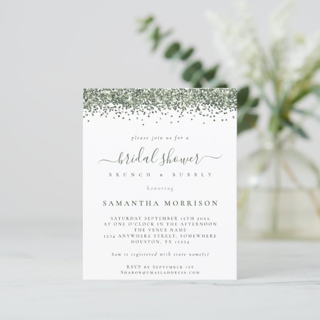 Budget Green Glitter Bridal Shower Invitation (Standing Front)