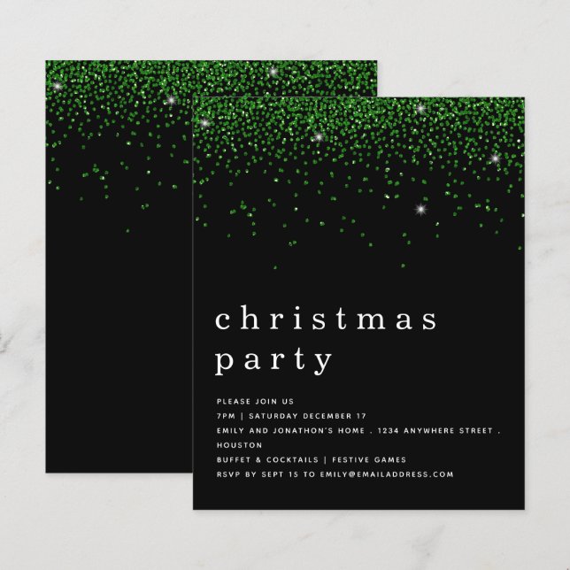 Budget Green Glitter Christmas Party Black Invite (Front/Back)