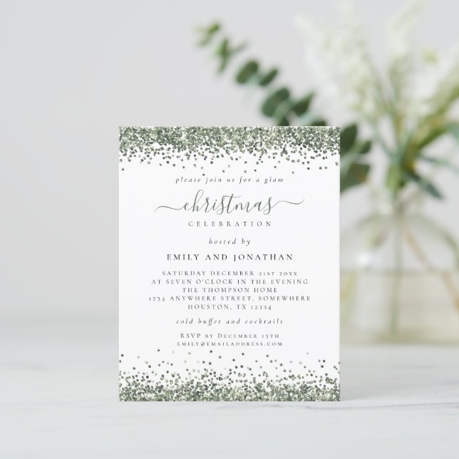 Budget Green Glitter Christmas Party White Invite (Standing Front)