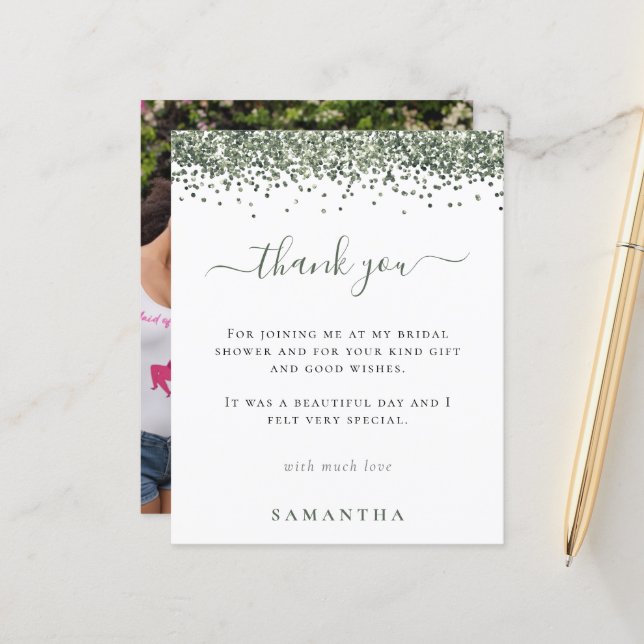 Budget Green Glitter Photo Bridal Shower Thank You (Front/Back In Situ)
