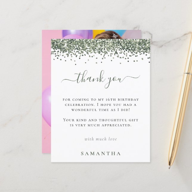 Budget Green Glitter Photo Sweet 16 Thank You (Front/Back In Situ)