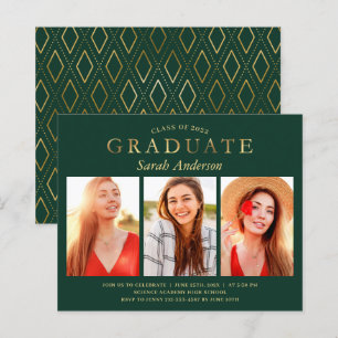 Budget Green Gold 3 Photo Graduation Invitations