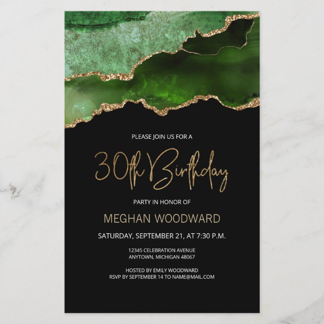 Budget Green Gold Agate 30th Birthday Invitation (Front)