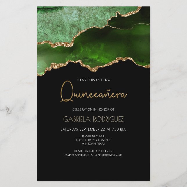 Budget Green Gold Agate Quinceañera Invitation (Front)
