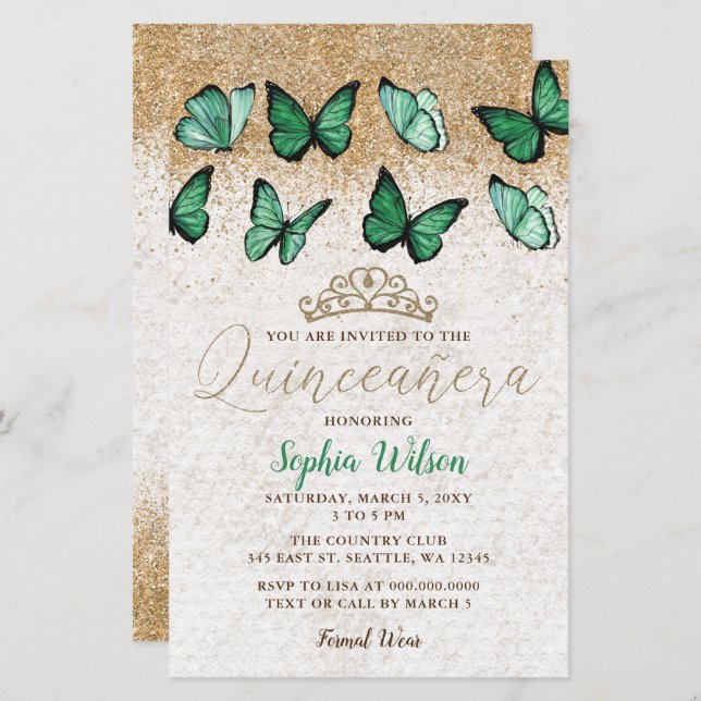 Budget Green Gold Butterfly Quinceañera Invitation (Front/Back)
