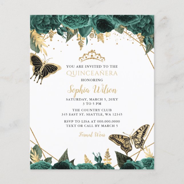 Budget Green Gold Butterfly Quinceañera Invitation (Front)