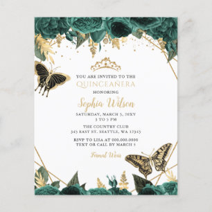 Budget Green Gold Butterfly Quinceañera Invitation