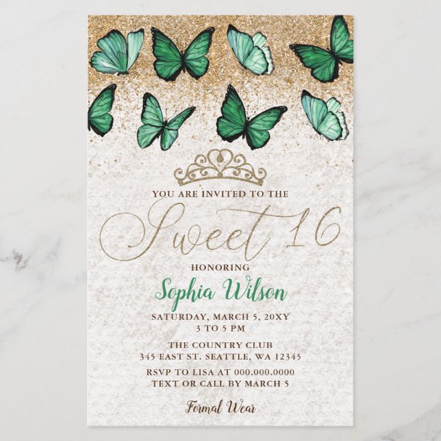 Budget Green Gold Butterfly Sweet 16 Invitation (Front)