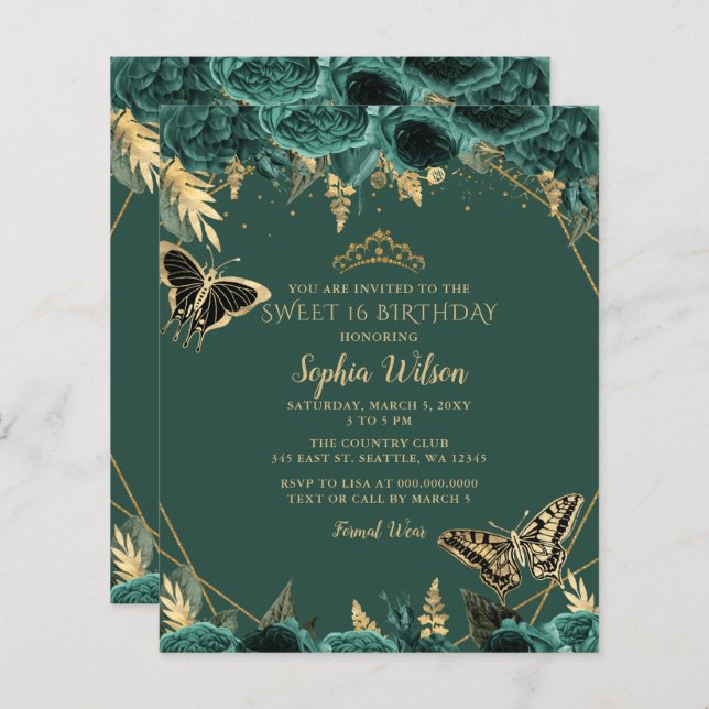 Budget Green Gold Butterfly Sweet 16 Invitation (Front/Back)