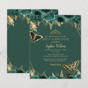 Budget Green Gold Butterfly Sweet 16 Invitation