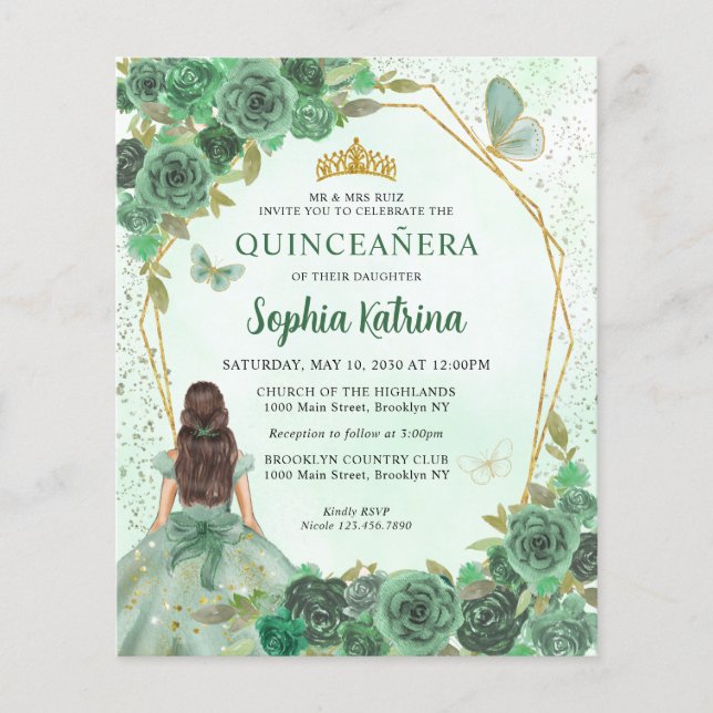 Budget Green Gold Chic Floral Princess Quinceañera (Front)