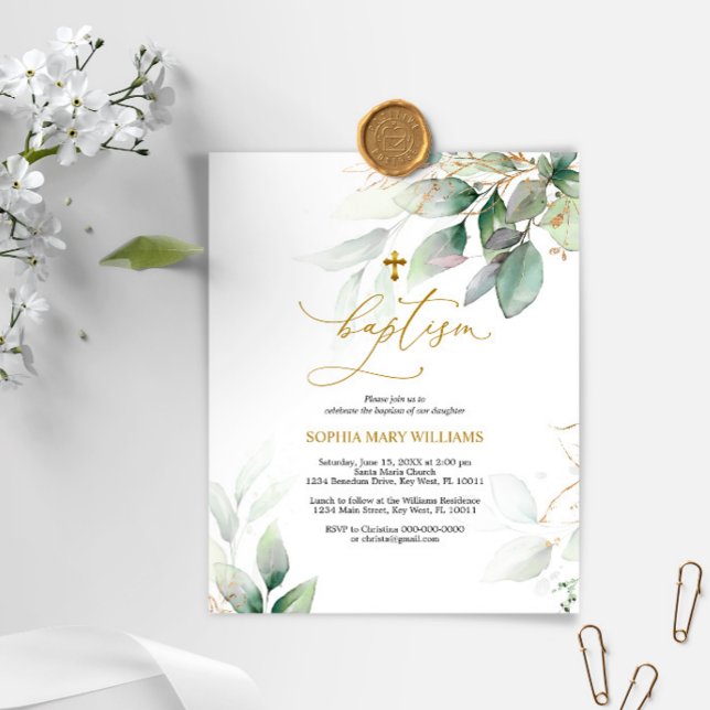 Budget Green & Gold Eucalyptus Baptism Invitation (Creator Uploaded)