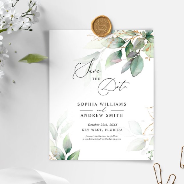 BUDGET Green & Gold Eucalyptus Save The Date (Creator Uploaded)