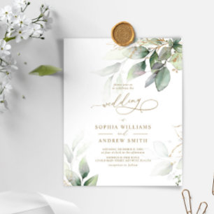 Budget Green & Gold Eucalyptus Wedding Invitation