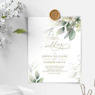 Budget Green & Gold Eucalyptus Wedding Invitation