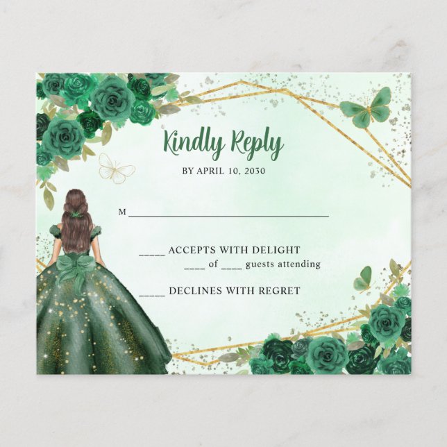 Budget Green Gold Floral Princess QR Code RSVP (Front)