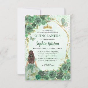 Budget Green Gold Floral Princess Quinceañera Card