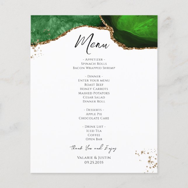 Budget Green Gold Glitter Marble Wedding Menu (Front)
