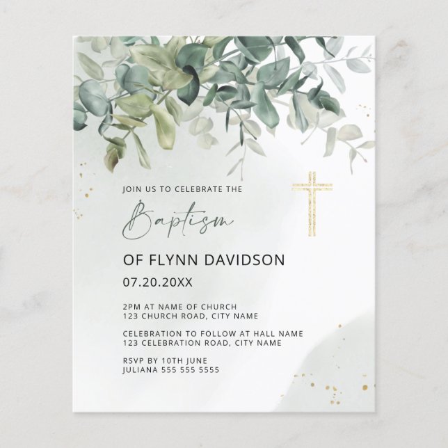 Budget Green & Gold Greenery Baptism Christening (Front)