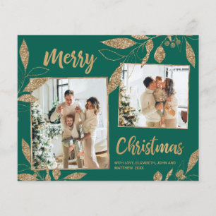 Budget Green Gold Leaves 2 Photo Christmas Card