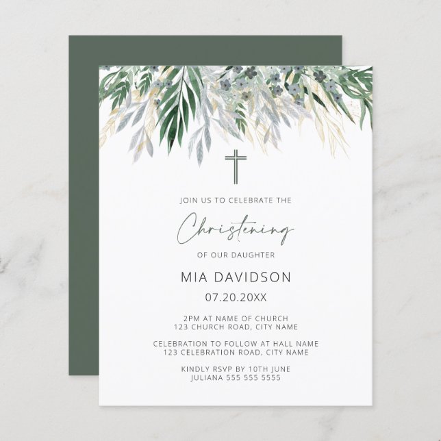 Budget Green & Gold Leaves Christening Invite (Front/Back)