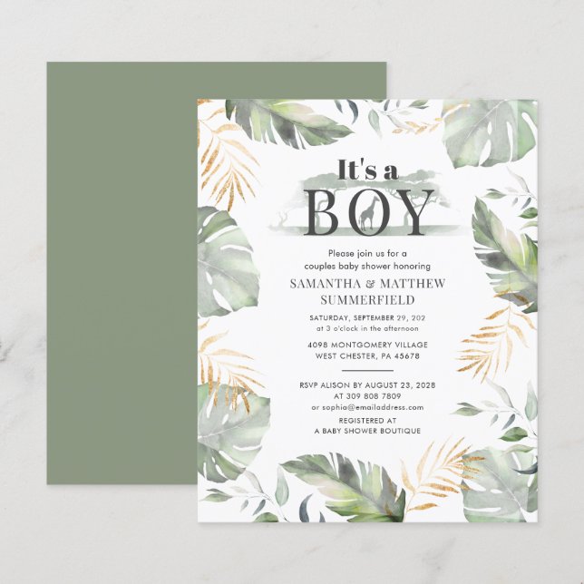 Budget Green Gold Leaves Jungle Couple Baby Shower (Front/Back)